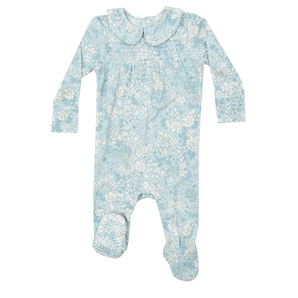 NWT Angel Dear Smocked Peter Pan Footie Blue Meadow Floral 6-9M